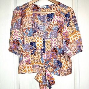 Rose & Olive Multicolor Patchwork Tie-Front Top Peasant Cottagecore Exlectic, L